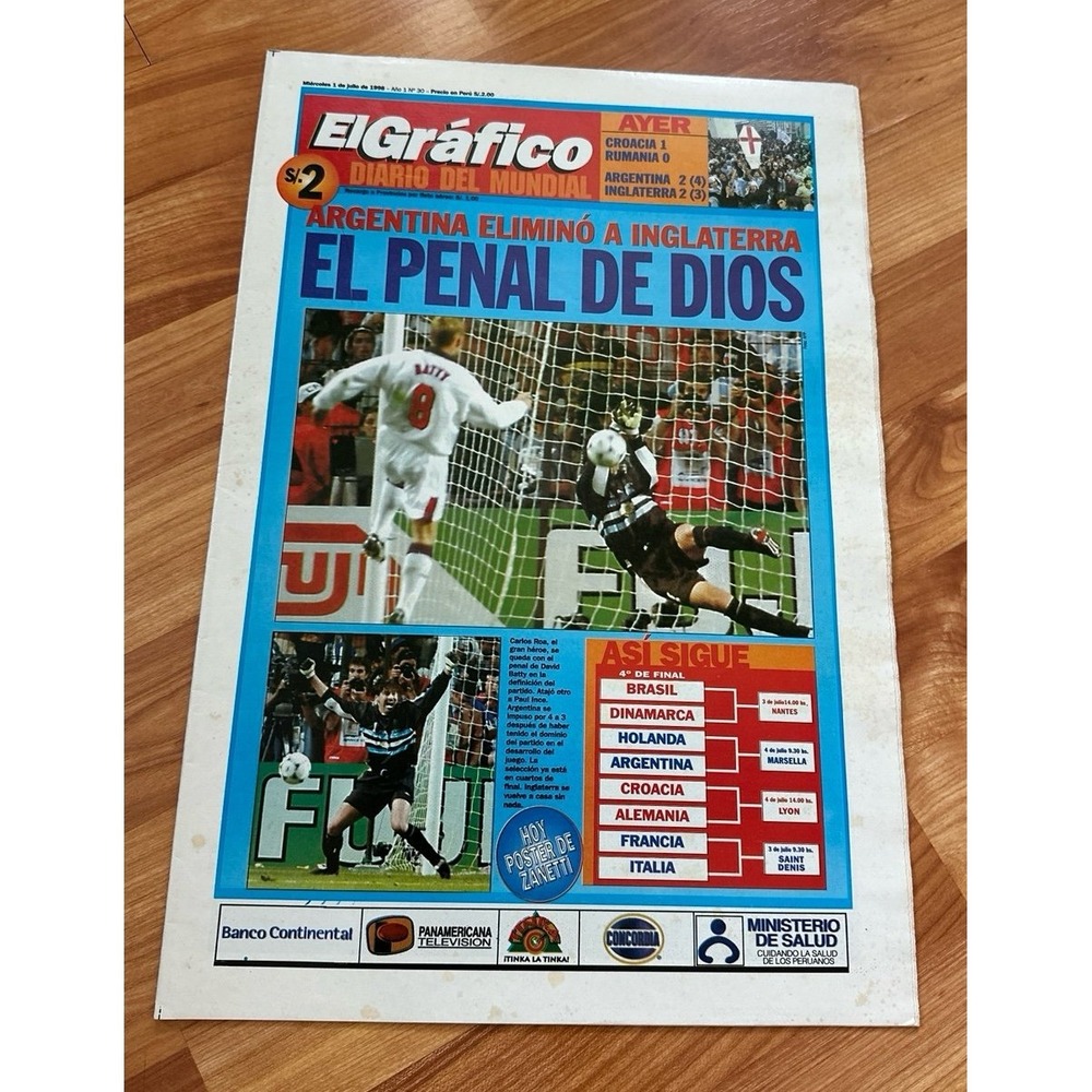 Vintage El Grafico Diario del Mundial 1 de Julio 1998 El Penal de Dios